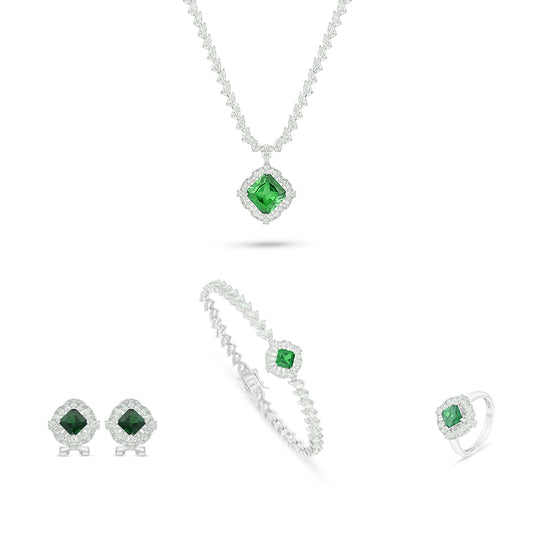 طقم من الفضة الخالصة عيار 925 مطلي روديوم و احجار زركون زمردي و فص ابيض