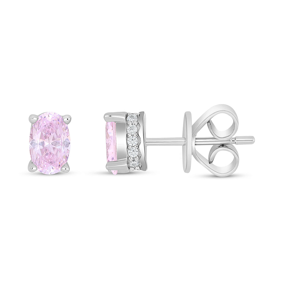 Sterling Silver 925 Earring Rhodium Plated Embedded With Pink Zircon And White Zircon