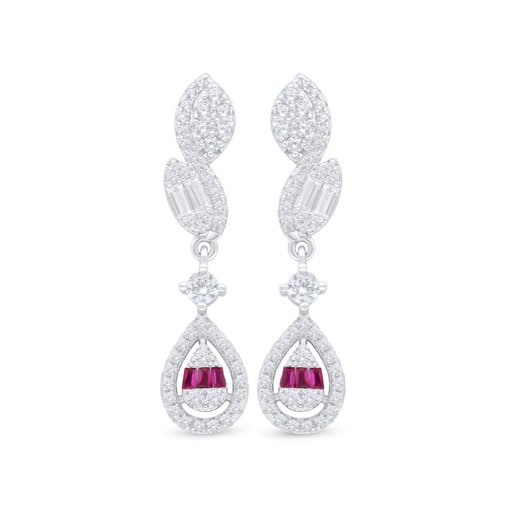 Sterling Silver 925 Earring Rhodium Plated Embedded With Ruby Corundum And White Zircon
