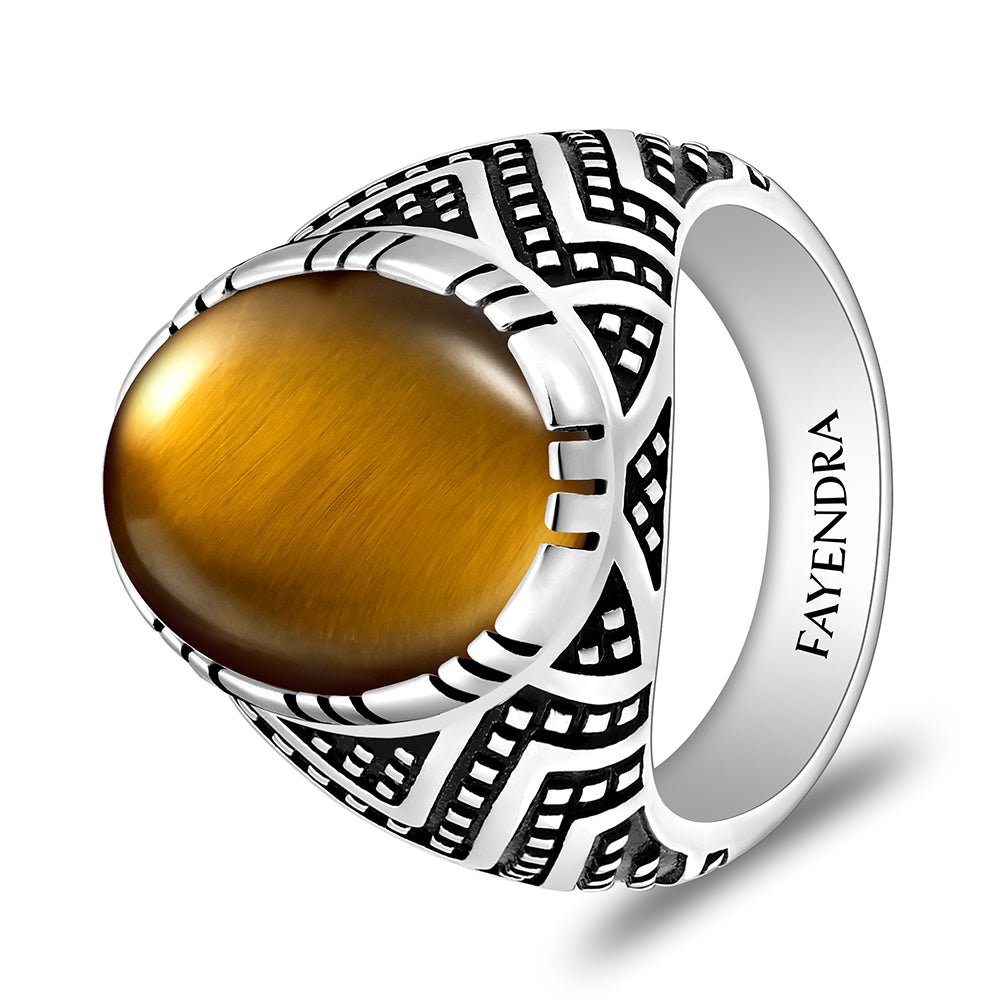 خاتم رجالي من الفضة الخالصة عيار 925 مطلي روديوم و اسود مرصع احجار عين النمر اصفر كابشون