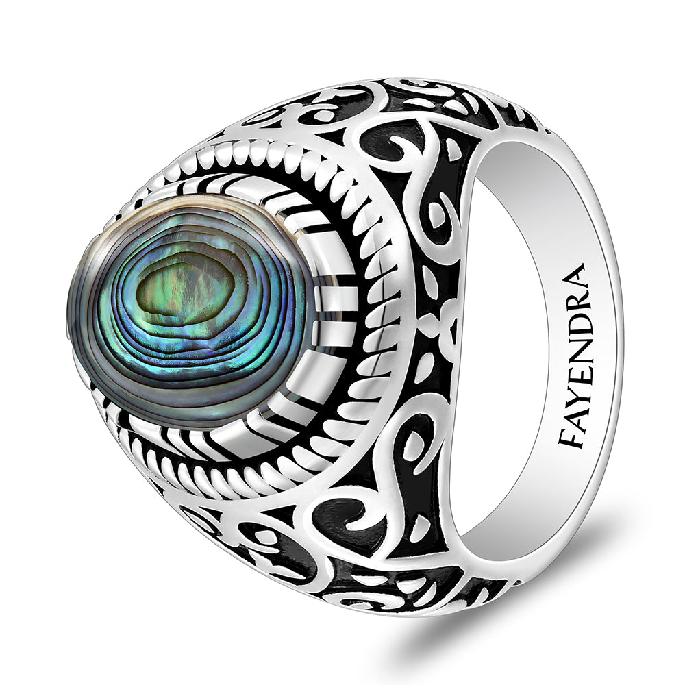 خاتم رجالي من الفضة الخالصة عيار 925 مطلي روديوم و اسود مرصع احجار صدف استرالي كابشون