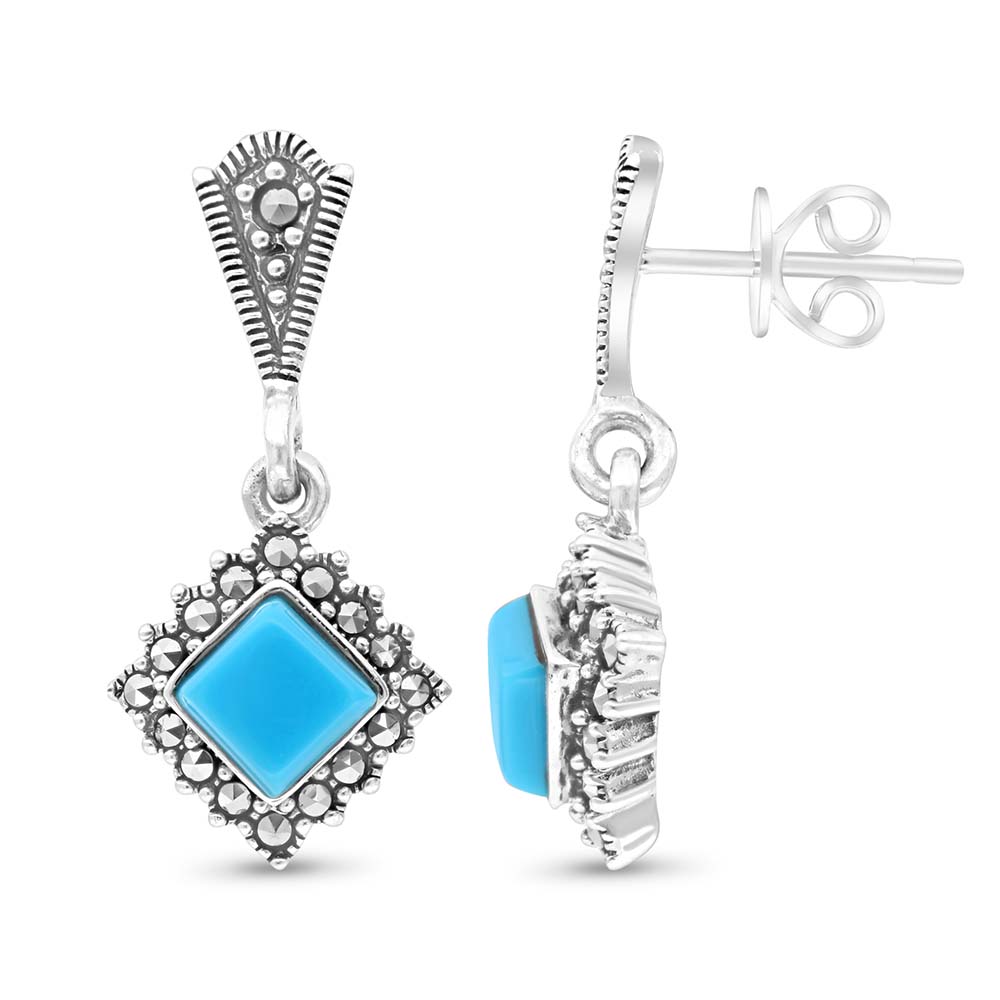 Sterling Silver 925 Earring Embedded With Natural Processed Turquoise And Marcasite Stones