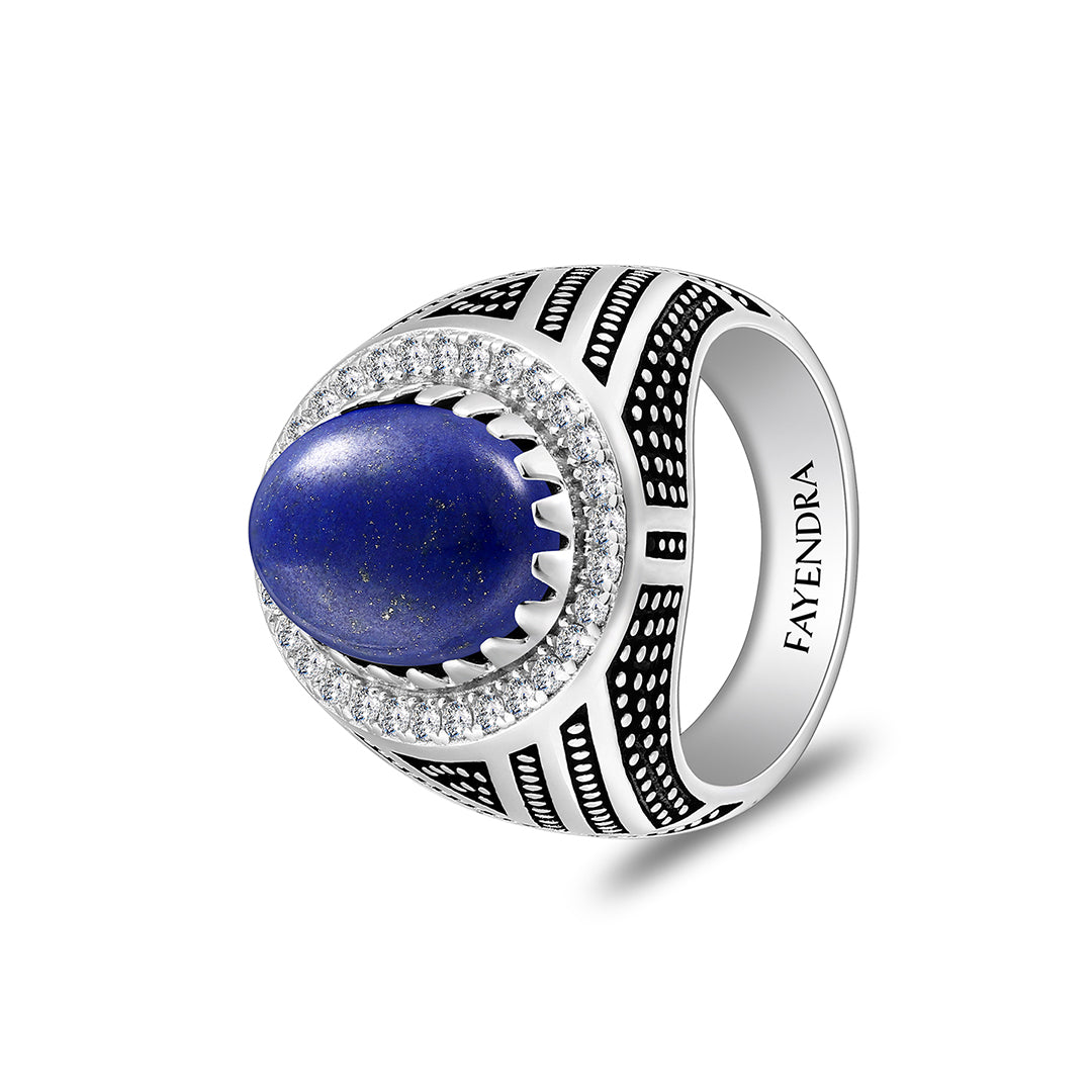 خاتم رجالي من الفضة الخالصة عيار925 مطلي روديوم و اسود مرصع حجر لابيس كابشون و فص ابيض