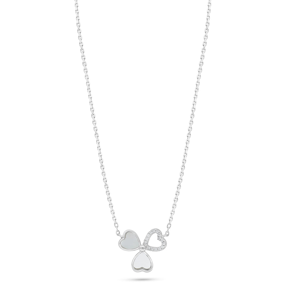 Sterling Silver 925 Necklace Rhodium Plated Embedded With White Shell And White Zircon
