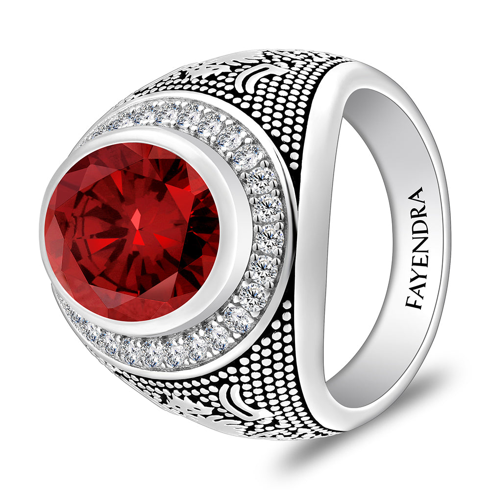 Sterling Silver 925 Ring Rhodium And Black Plated Embedded With Garnet Zircon And White Zircon For Men