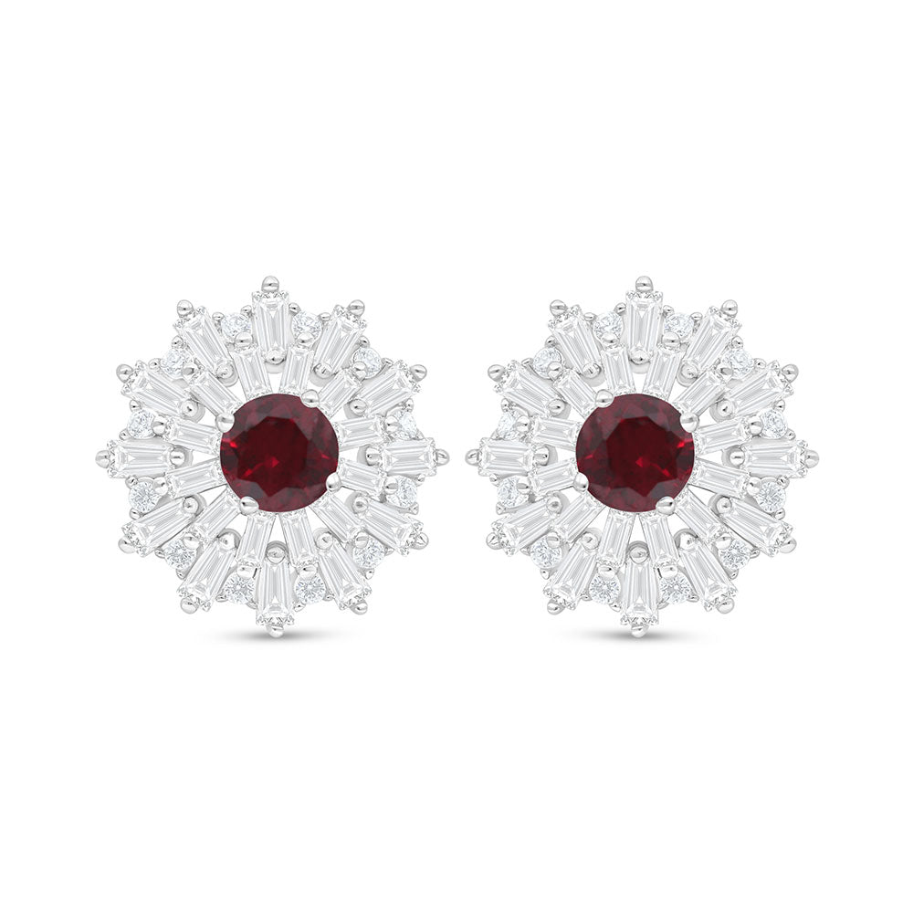Sterling Silver 925 Earring Rhodium Plated Embedded With Ruby Corundum And White Zircon
