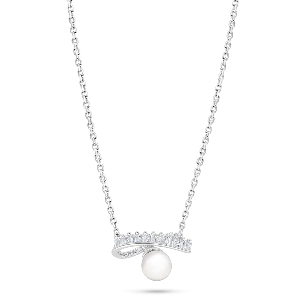 Sterling Silver 925 Necklace Rhodium Plated Embedded With Natural White Pearl And White Zircon