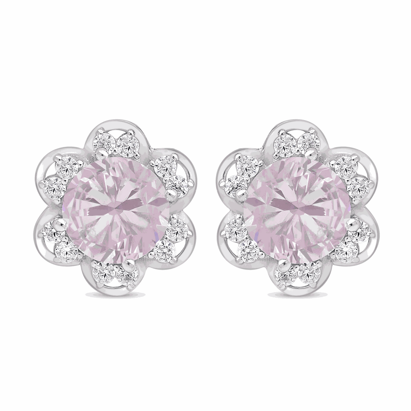 Sterling Silver 925 Earring Rhodium Plated Embedded With Pink Zircon And White Zircon