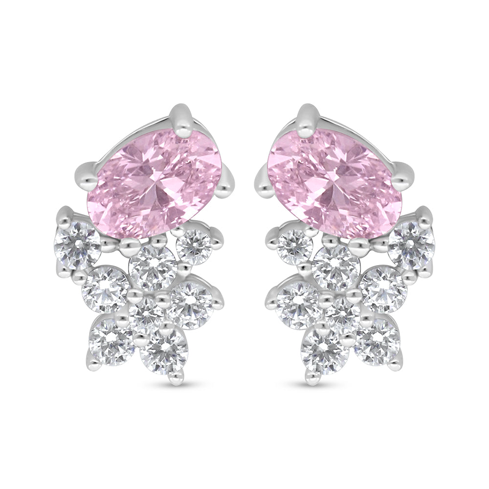 Sterling Silver 925 Earring Rhodium Plated Embedded With Pink Zircon And White Zircon