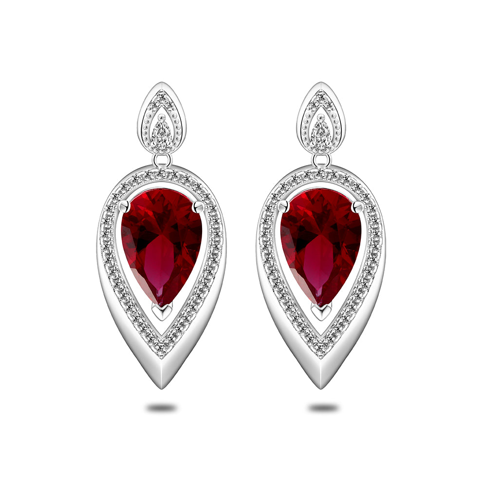 Sterling Silver 925 Earring Rhodium Plated Embedded With Ruby Corundum And White Zircon
