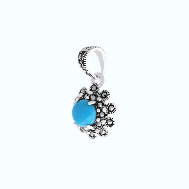 Sterling Silver 925 Pendant Embedded With Natural Processed Turquoise And Marcasite Stones