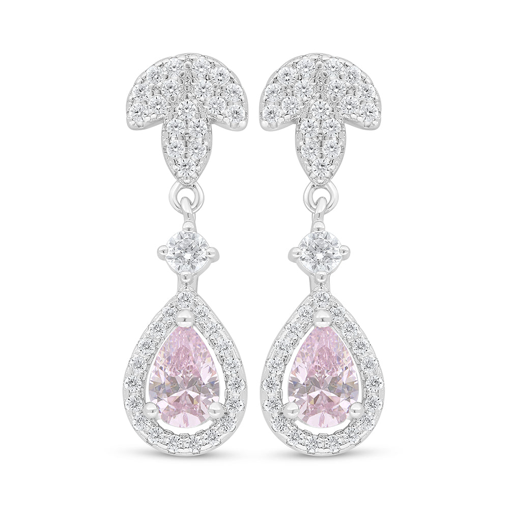 Sterling Silver 925 Earring Rhodium Plated Embedded With Pink Zircon And White Zircon