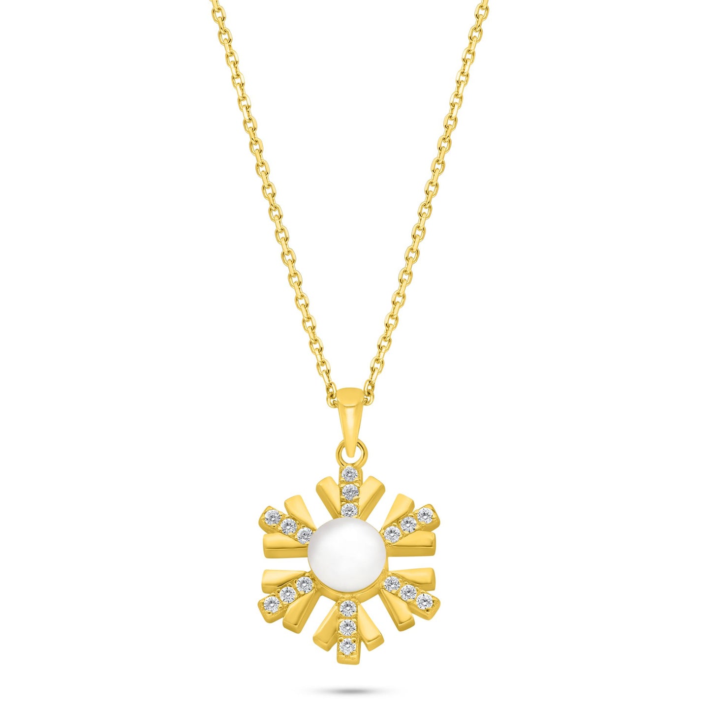 Sterling Silver 925 Necklace Golden Plated Embedded With Natural White Pearl And White Zircon