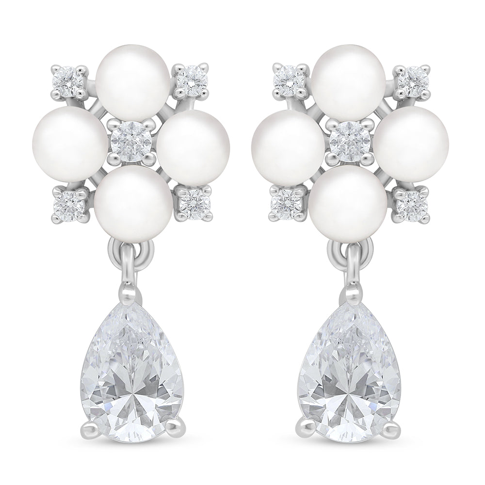 Sterling Silver 925 Earring Rhodium Plated Embedded With Natural White Pearl And White Zircon