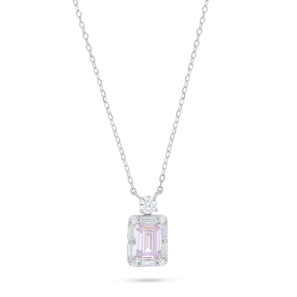Sterling Silver 925 Necklace Rhodium Plated Embedded With Pink Zircon And White Zircon