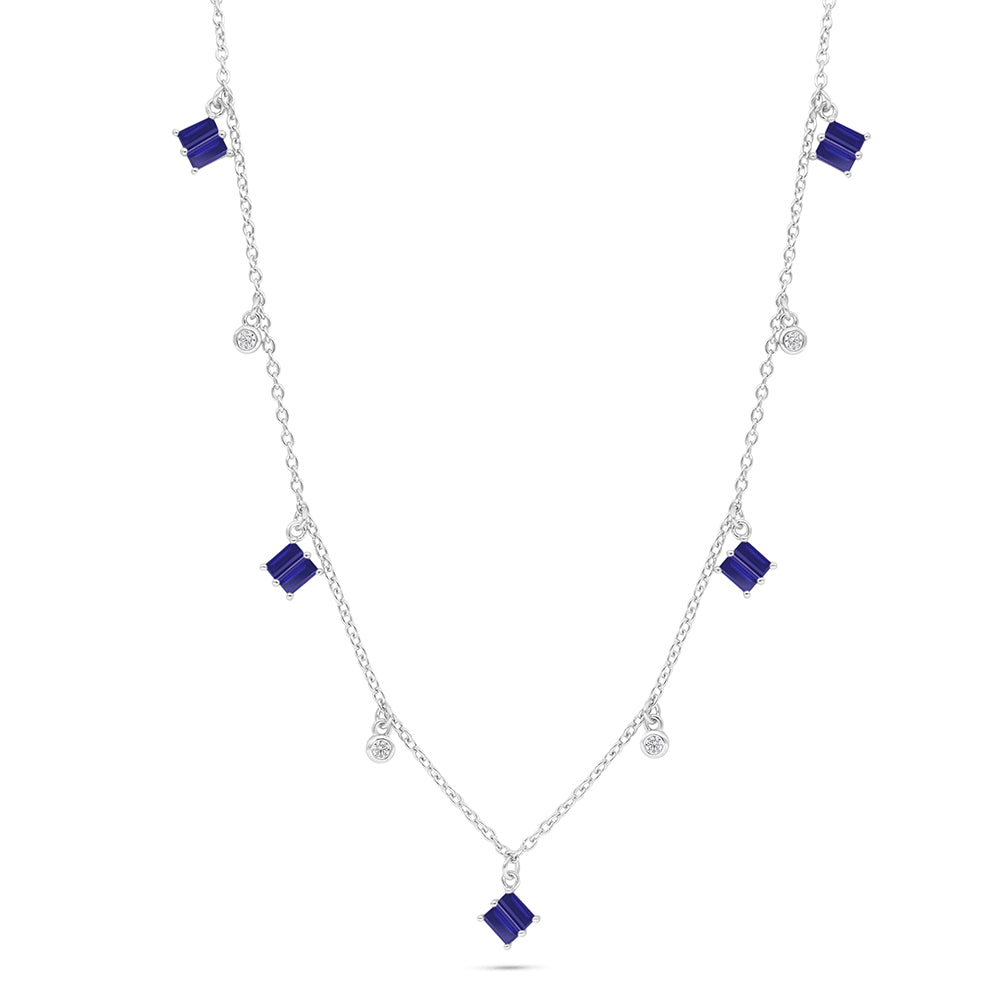 Sterling Silver 925 Necklace Rhodium Plated Embedded With Sapphire Corundum And White Zircon