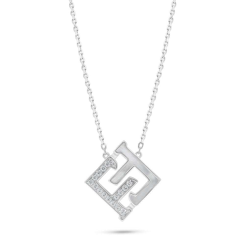 عقد من الفضة الخالصة عيار 925 مطلي روديوم مرصع صدف ابيض و فص ابيض LOGO