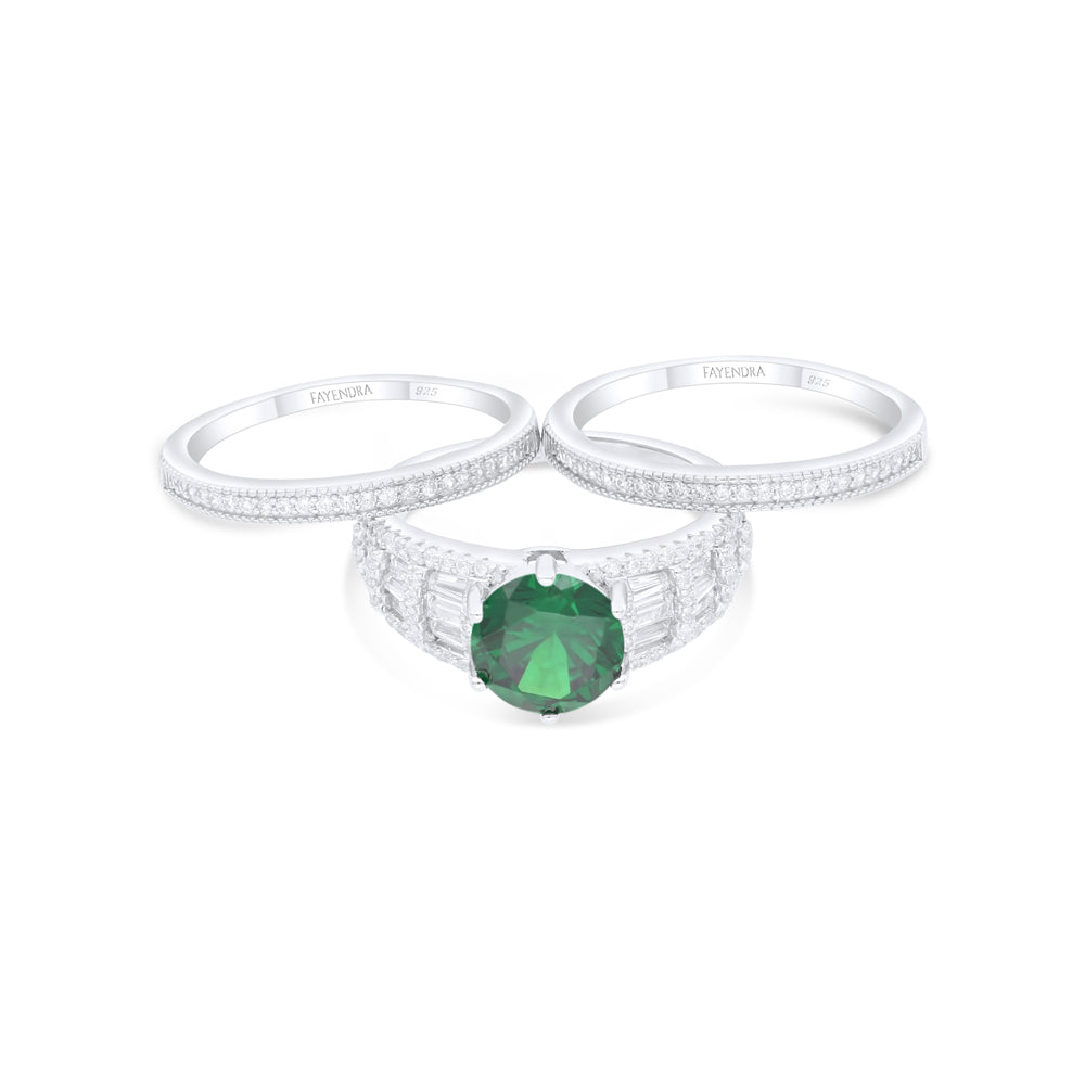 Sterling Silver 925 Ring (3pcs) Rhodium Plated Embedded With Emerald Zircon And White Zircon