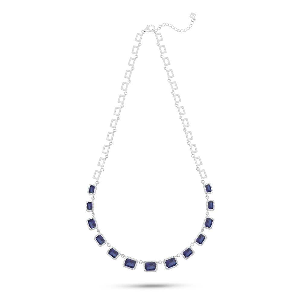 Sterling Silver 925 Necklace Rhodium Plated Embedded With Sapphire Corundum And White Zircon