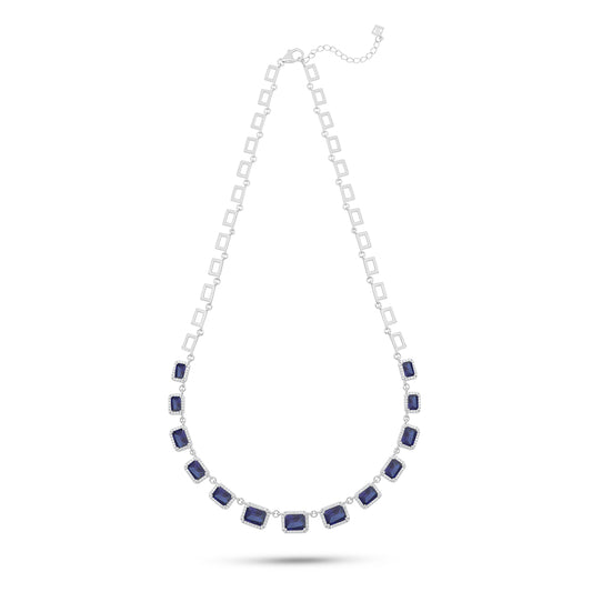 Sterling Silver 925 Necklace Rhodium Plated Embedded With Sapphire Corundum And White Zircon