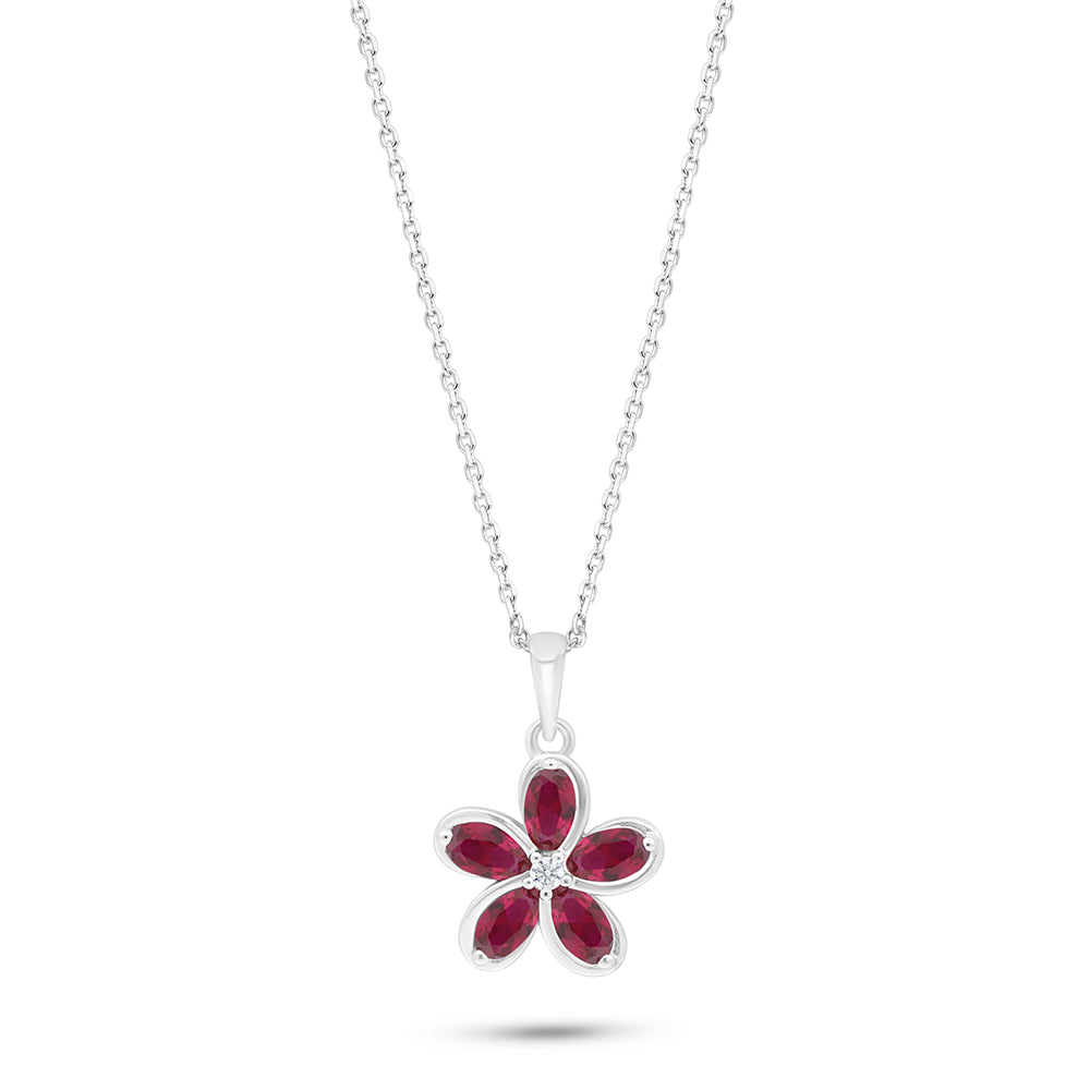 Sterling Silver 925 Necklace Rhodium Plated Embedded With Ruby Corundum And White Zircon