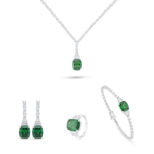 Sterling Silver 925 SET Rhodium Plated Embedded With Emerald Zircon And White Zircon