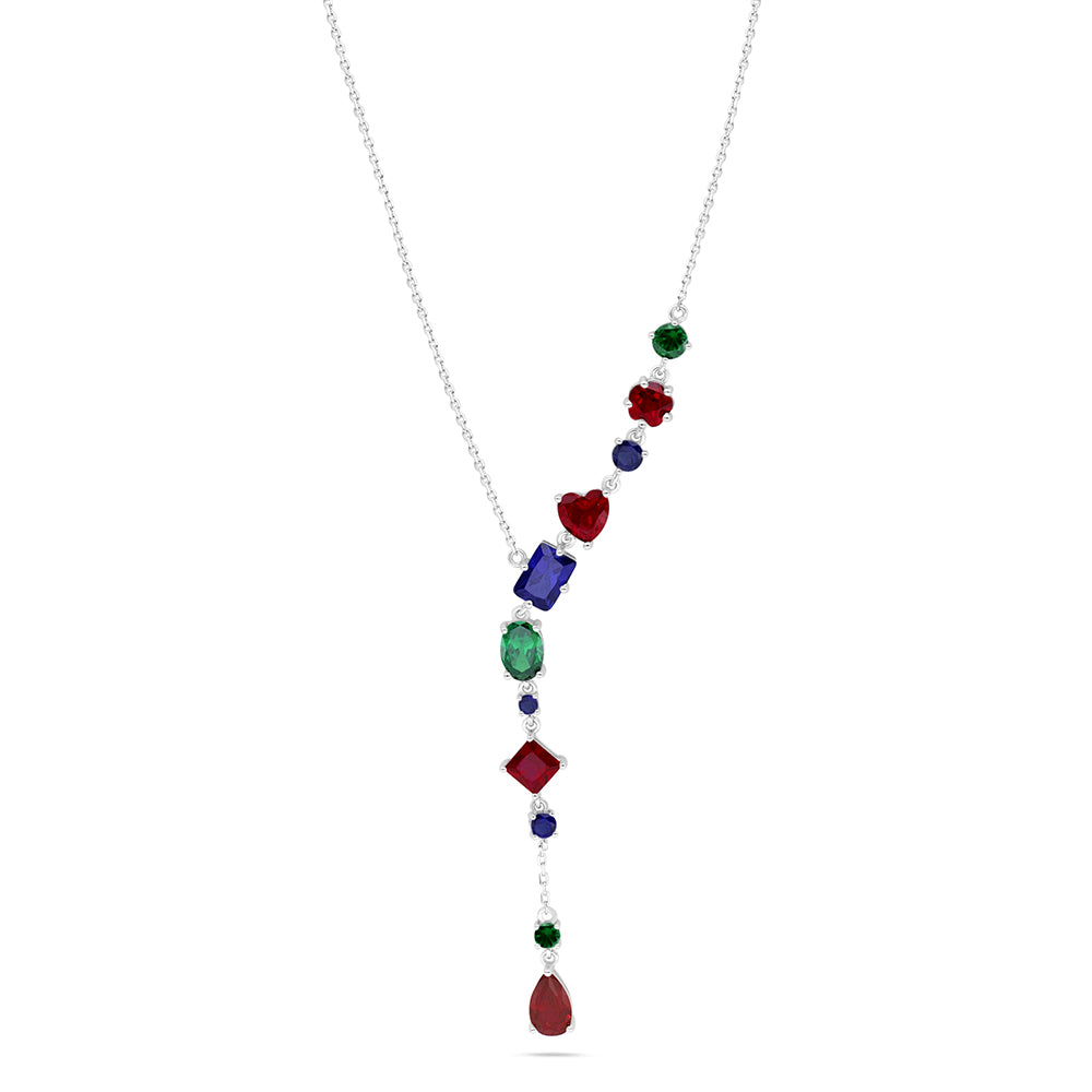 Sterling Silver 925 Necklace Rhodium Plated Embedded With Emarled Zircon And Ruby Corundum And Sapphire Corundum