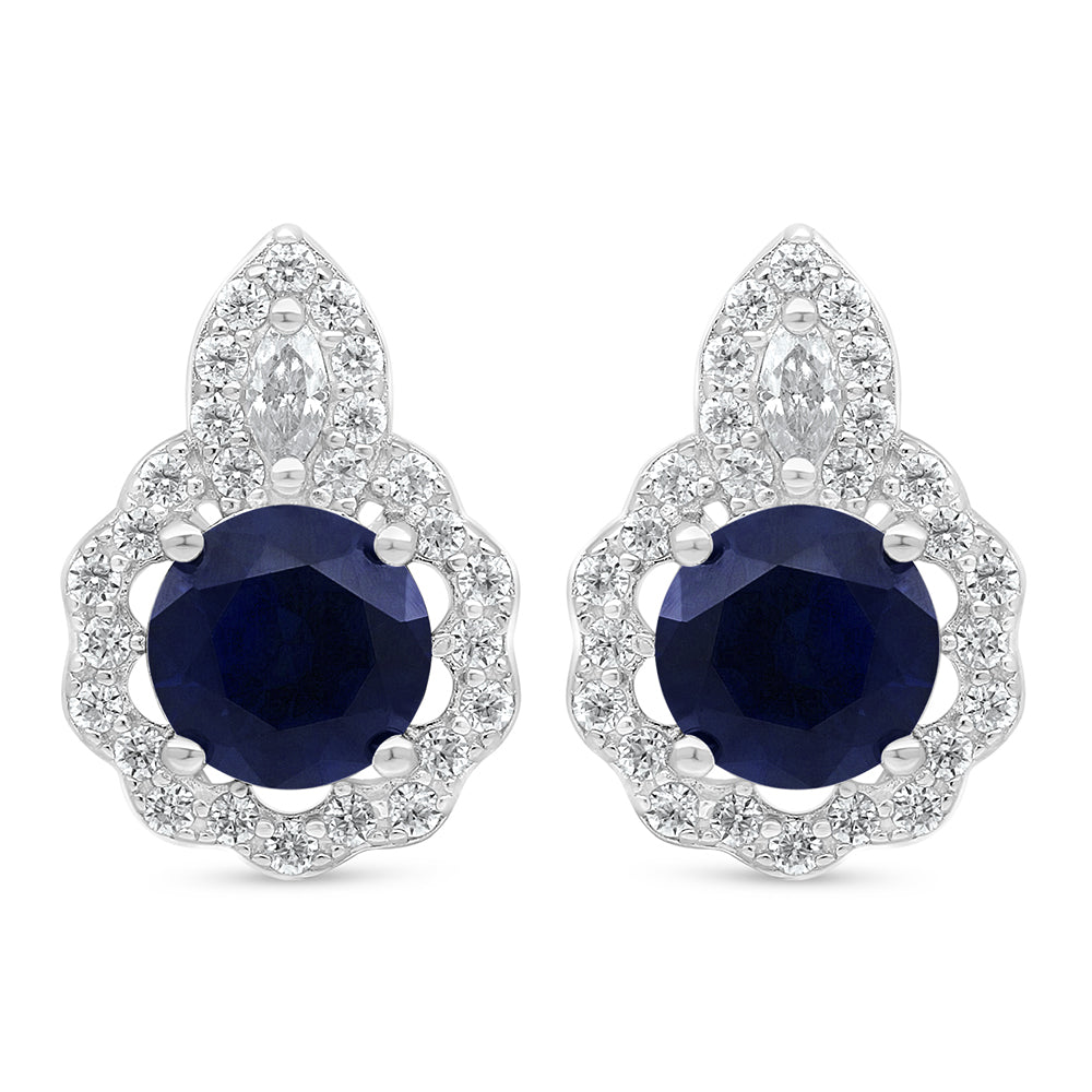Sterling Silver 925 Earring Rhodium Plated Embedded With Sapphire Corundum And White Zircon