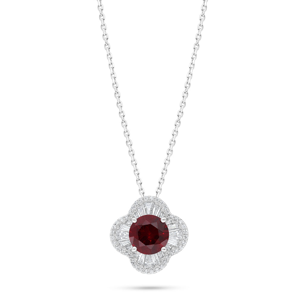 Sterling Silver 925 Necklace Rhodium Plated Embedded With Ruby Corundum And White Zircon