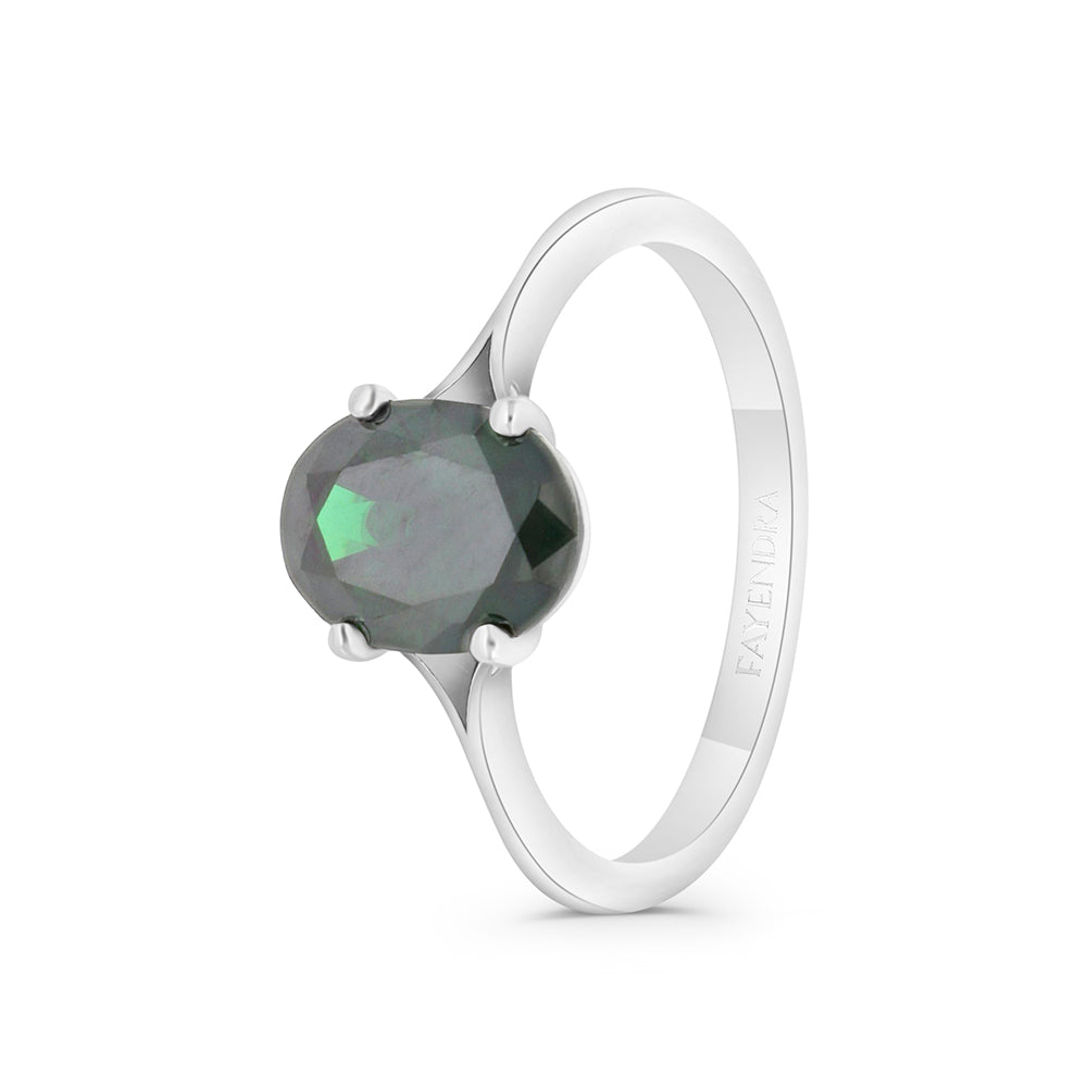 Sterling Silver 925 Ring Rhodium Plated Embedded With Emerald Zircon