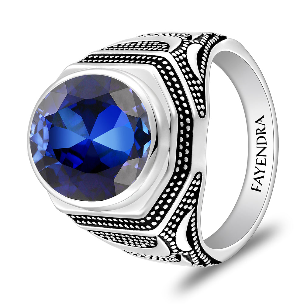 خاتم رجالي من الفضة الخالصة عيار 925 مطلي روديوم و اسود مرصع احجار زفير كروندوم