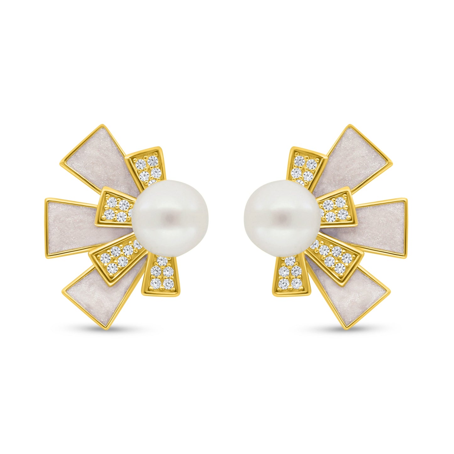 Sterling Silver 925 Earring Golden Plated Embedded With Fresh Water Pearl And White Shell And White Zircon