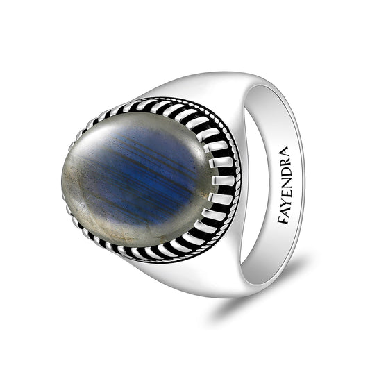 Sterling Silver 925 Ring Rhodium And Black Plated Embedded With Labrodite Cabochon For Men