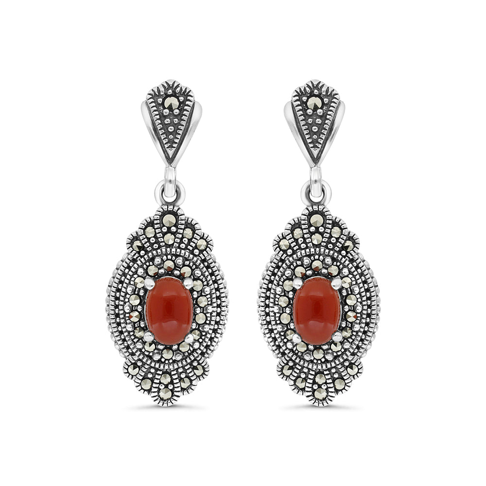 Sterling Silver 925 Earring Embedded With Natural Aqiq And Marcasite Stones