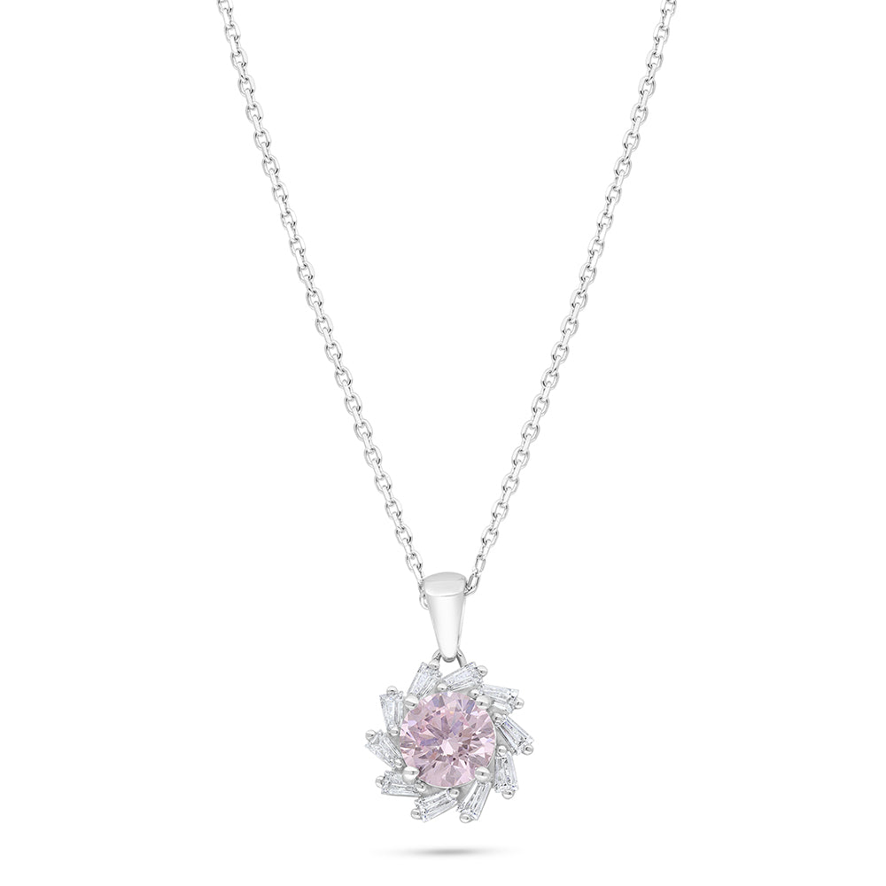 Sterling Silver 925 Necklace Rhodium Plated Embedded With Pink Zircon And White Zircon