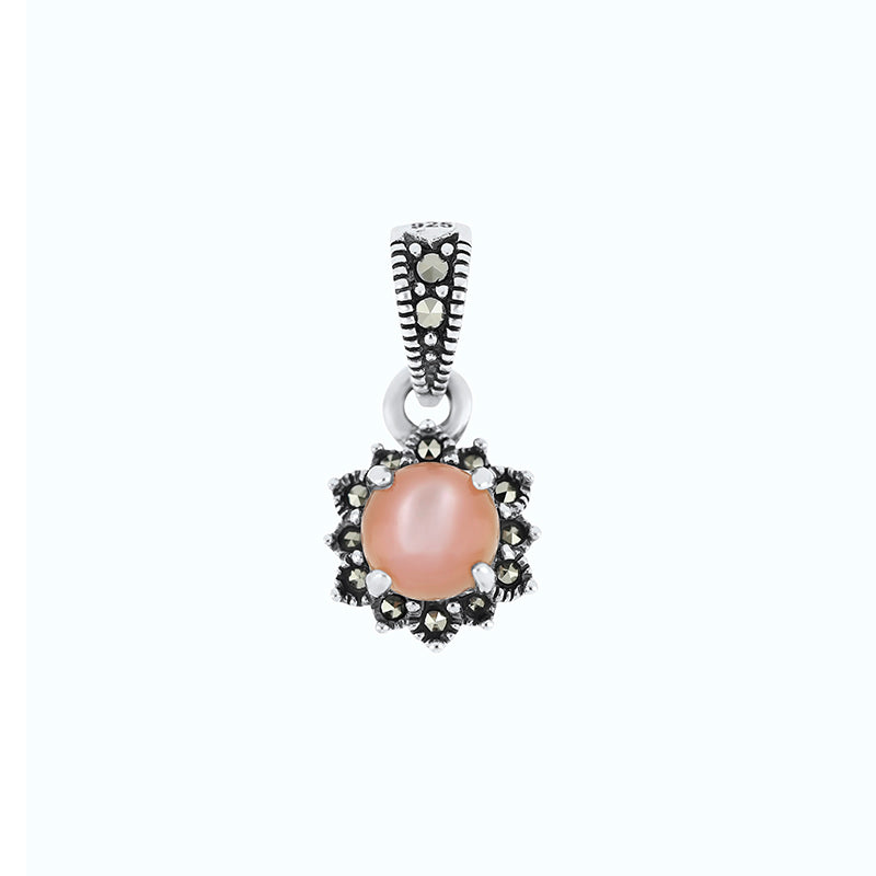 Sterling Silver 925 Pendant Embedded With Natural Pink Shell And Marcasite Stones