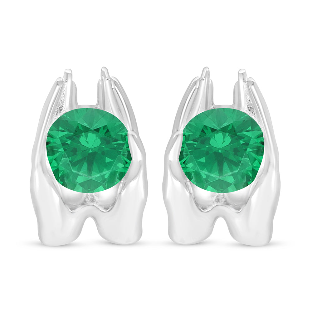 Sterling Silver 925 Earring Rhodium Plated Embedded With Emerald Zircon