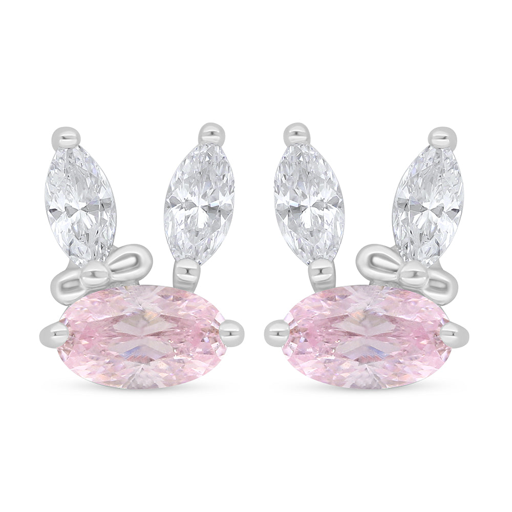 Sterling Silver 925 Earring Rhodium Plated Embedded With Pink Zircon And White Zircon