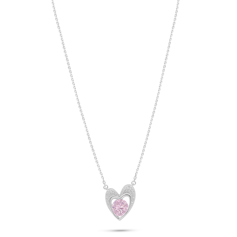 Sterling Silver 925 Necklace Rhodium Plated Embedded With Pink Zircon And White Zircon