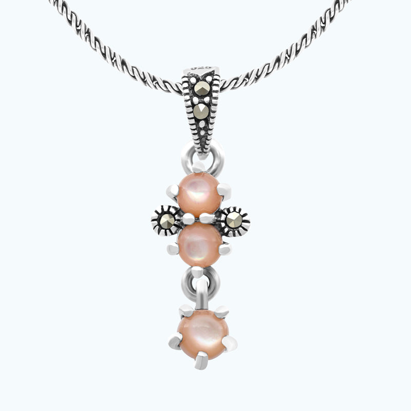 Sterling Silver 925 Pendant Embedded With Natural Pink Shell And Marcasite Stones