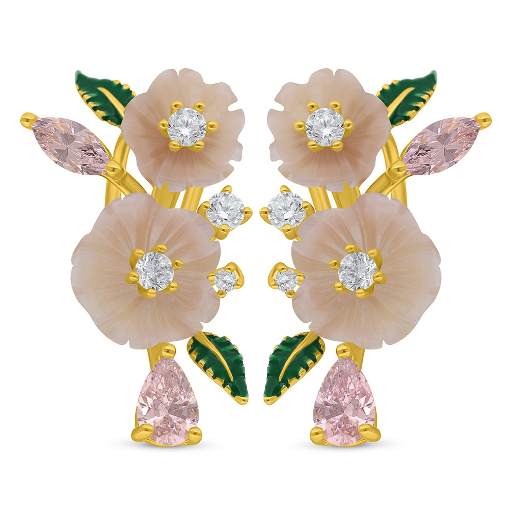 Sterling Silver 925 Earring Golden Plated Embedded With Pink Shell And Pink Zircon And White Zircon