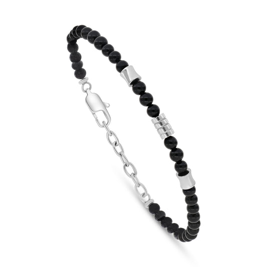 اسورة رجالي ستانلس ستيل لون فضي و احجار عقيق اسود عيار 316L