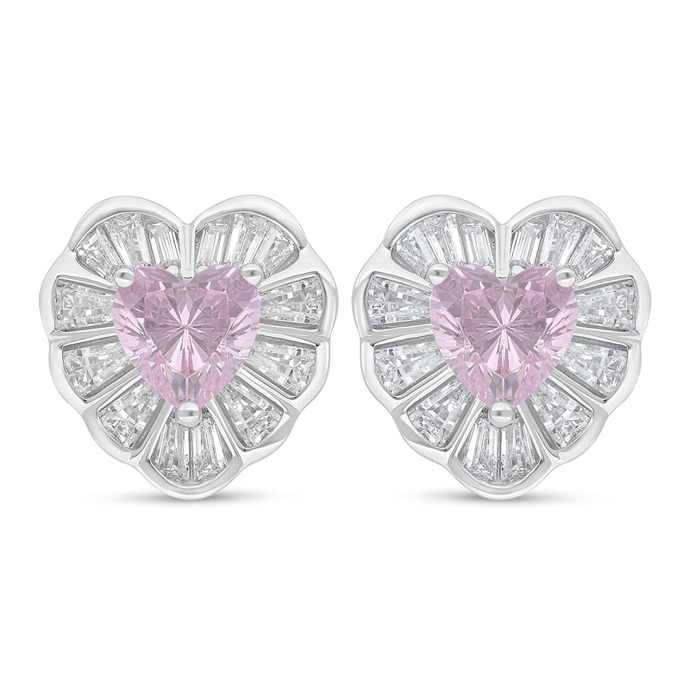 Sterling Silver 925 Earring Rhodium Plated Embedded With Pink Zircon And White Zircon