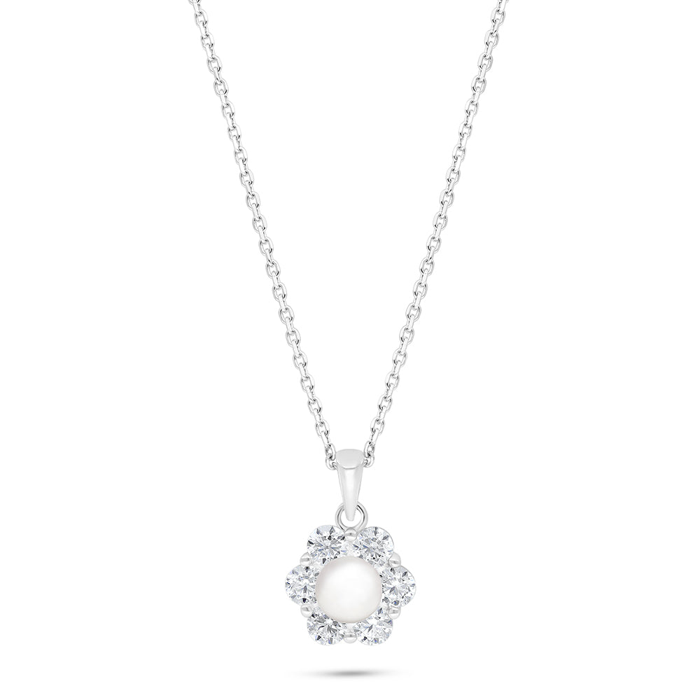 عقد من الفضة الخالصة عيار 925 مطلي روديوم مرصع لولو ابيض طبيعي و فص ابيض