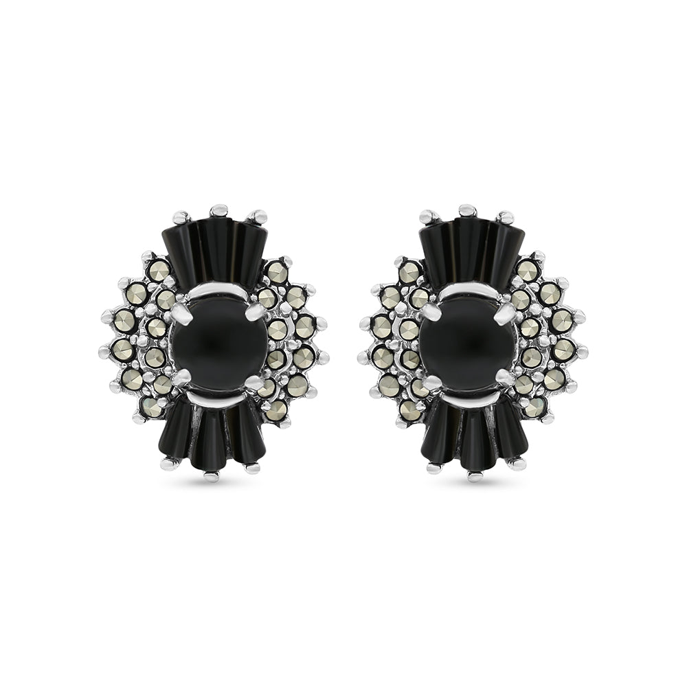 Sterling Silver 925 Earring Embedded With Natural Black Agate And Marcasite Stones