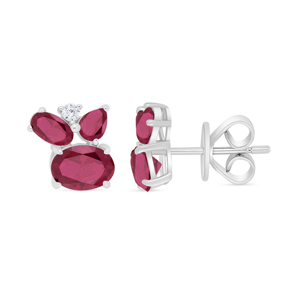 Sterling Silver 925 Earring Rhodium Plated Embedded With Ruby Corundum And White Zircon