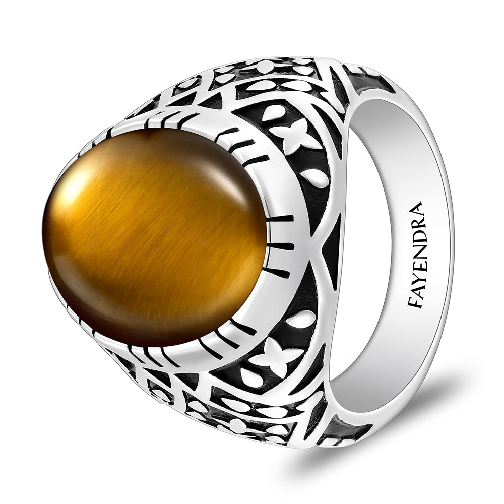 خاتم رجالي من الفضة الخالصة عيار 925 مطلي روديوم و اسود مرصع احجار عين النمر اصفر كابشون