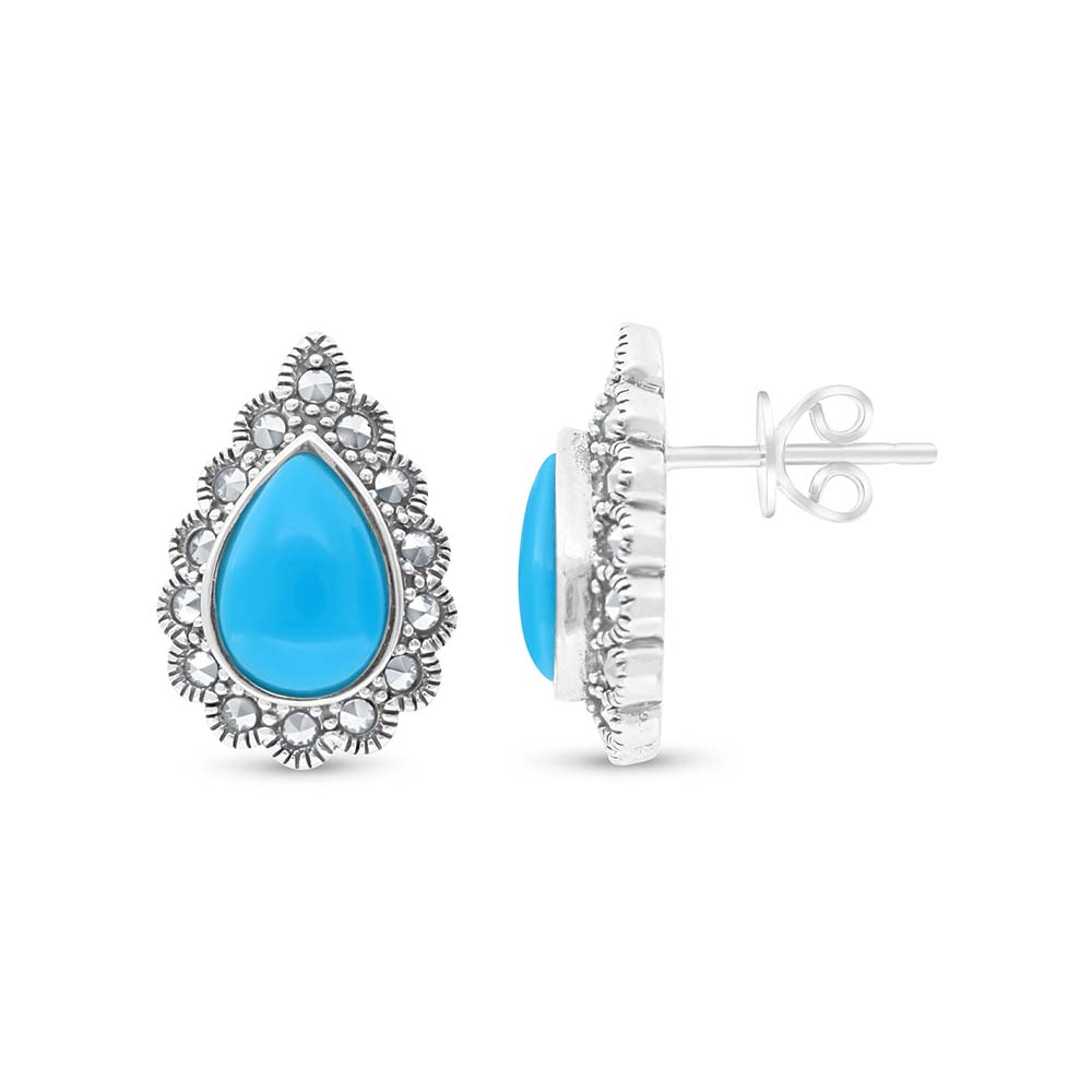 Sterling Silver 925 Earring Embedded With Natural Processed Turquoise And Marcasite Stones