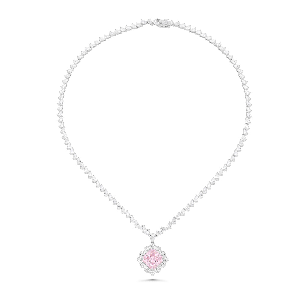 Sterling Silver 925 SET Rhodium Plated Embedded With pink Zircon And White CZ