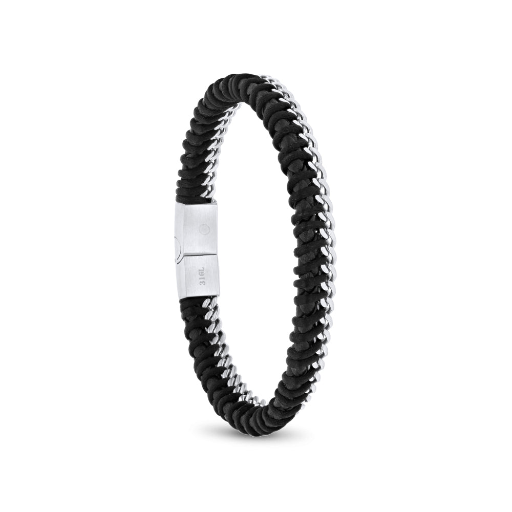 اسورة رجالي ستانلس ستيل لون فضي جلد اسود عيار 316L